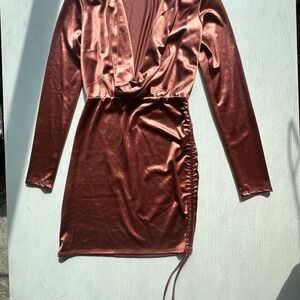 Fashion Nova Copper Satin Mini Dress with Cowl neck and Cinch side. NEW. FIRE